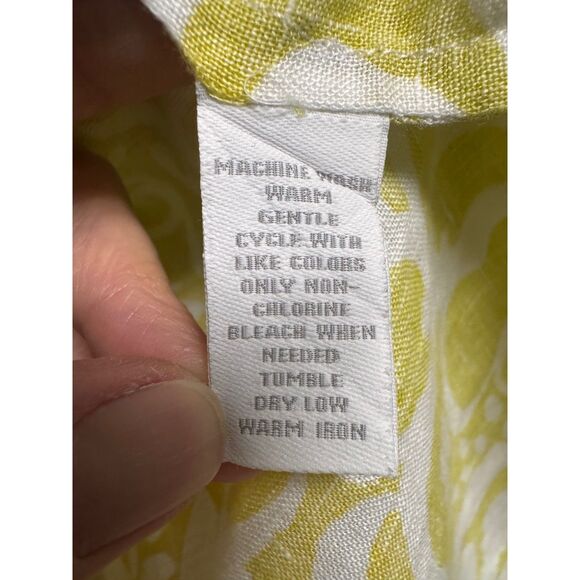 CHARTER CLUB Woman 100% Linen Roll Tab Sleeve Button Up Shirt, Chartreuse/White - Picture 10 of 10